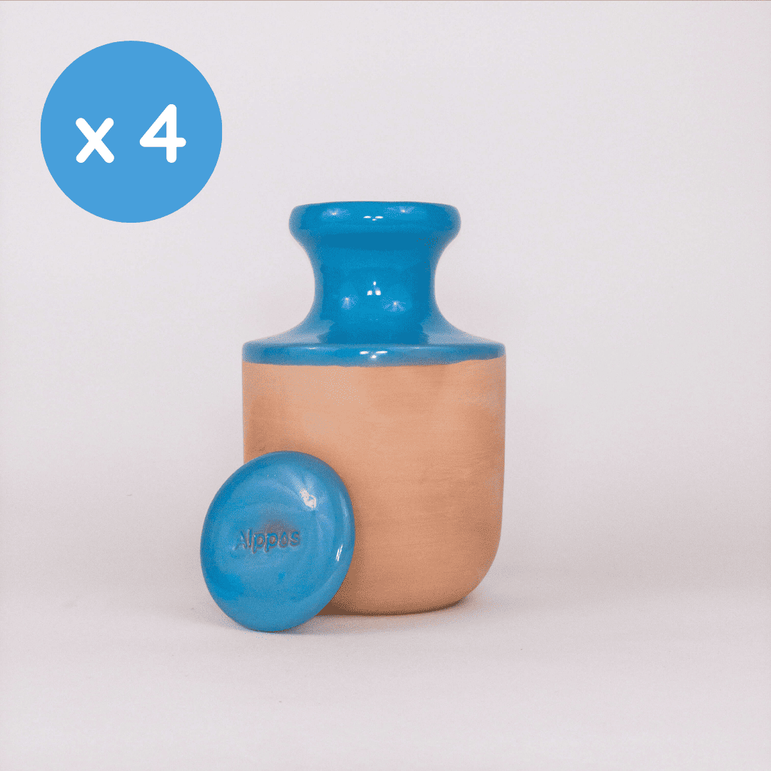 Lot de 4 oyas à enterrer 1,2 L émaillées bleu, fond blanc